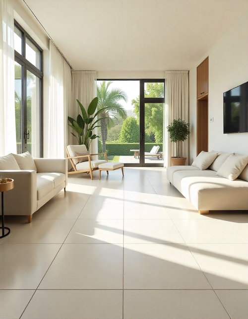 Large ceramic tiles make a living room appear bigger and brighter