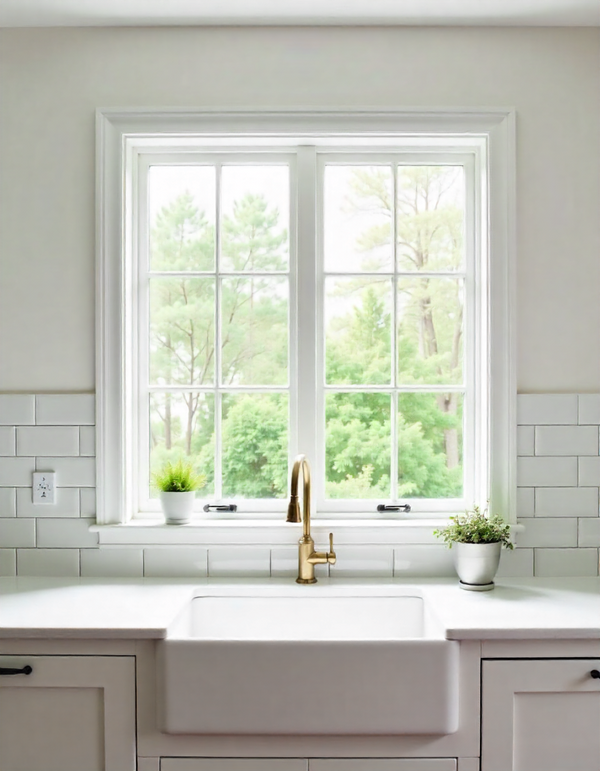 Modern kitchen backsplash around window with white subway tiles and natural light