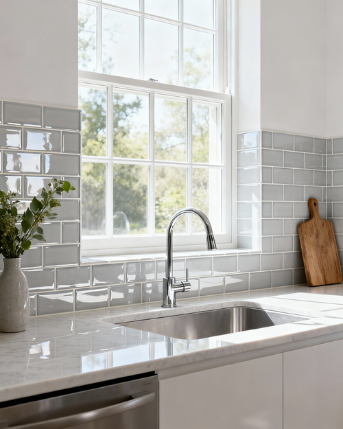 A modern kitchen sink area with glossy grey subway tile backsplash, white marble countertop, and chrome faucet.