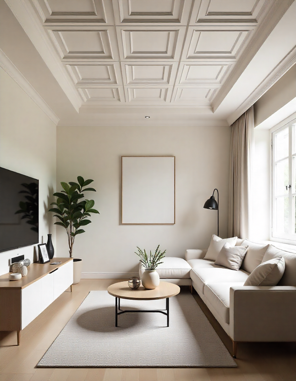 Decorative ceiling tiles in a small modern living room for stylish interior design impact