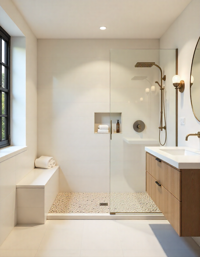 Elegant modern bathroom with light-toned large format wall and floor tiles, featuring a double vanity with oval mirrors, a sleek freestanding tub, and black fixtures. Highlights spacious tile design.