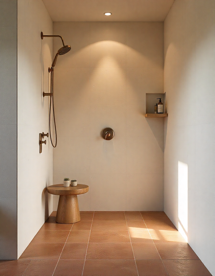 Modern bathroom with light tile, dual vessel sinks, oval mirrors, and a freestanding bathtub by a large window overlooking trees. Ideal for contemporary tile inspiration.