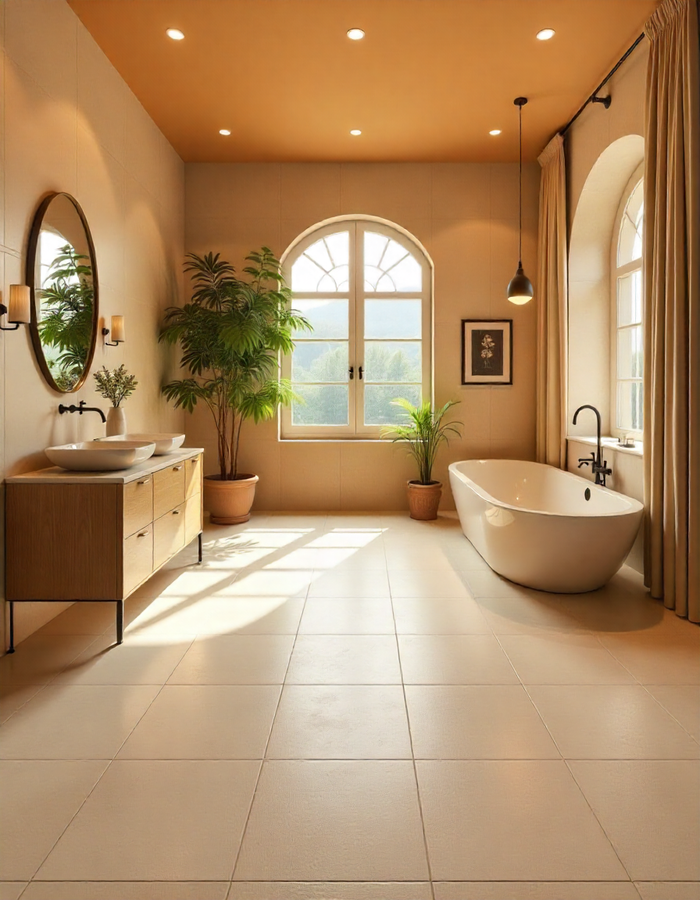 Elegant and spacious modern bathroom with light-toned large format tiles, featuring a double floating vanity with two oval mirrors, and a contemporary freestanding bathtub by a large window. A glass-enclosed shower is also present.