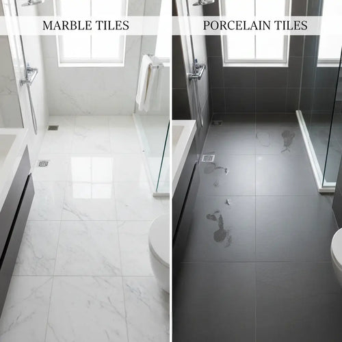 Marble vs porcelain tiles comparison in a high-traffic bathroom for durability and water resistance.