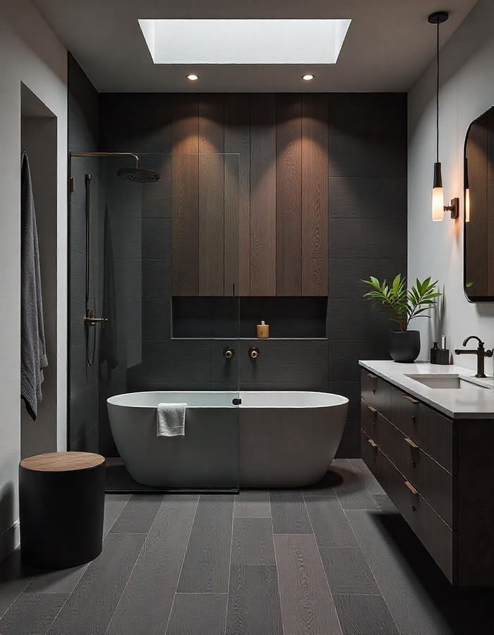 A sleek, modern bathroom with dark wood accents, a freestanding tub, and a spacious shower under a skylight.