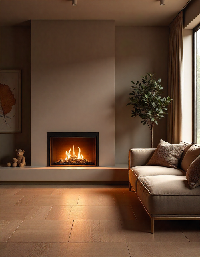 A cozy modern living room featuring a lit fireplace with a light-colored wood floor, a beige sofa, and a large window with neutral curtains.