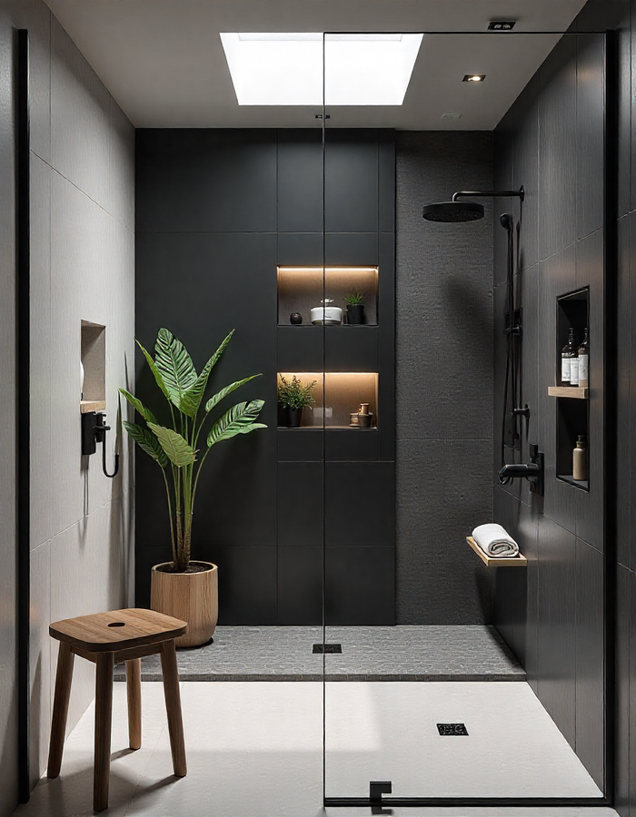 A modern shower with dark gray tiles, a light gray shower pan, a wooden stool, a plant, and illuminated niches, creating a sleek and functional space.