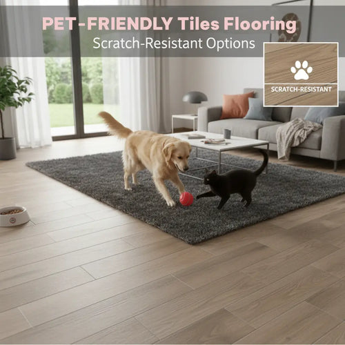 Pet-friendly scratch-resistant wood-look tile flooring in a living room with a dog and cat playing.