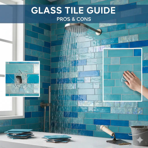 Pros and cons of blue glass shower tiles showing easy cleaning and durability issues.