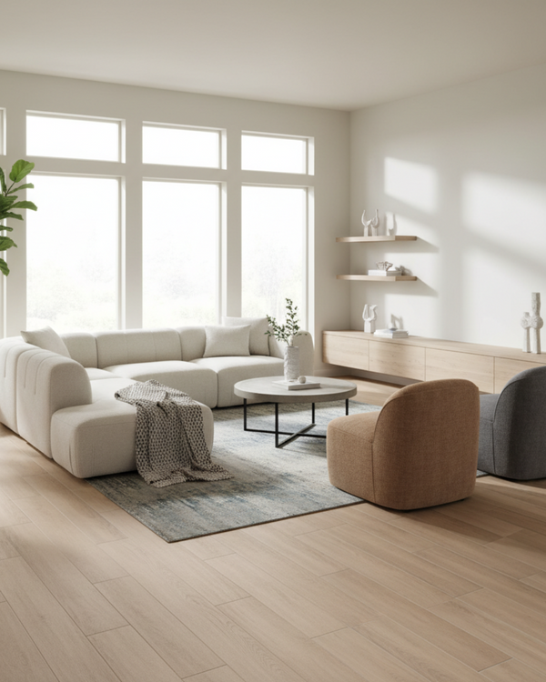 Wood look porcelain tile flooring in a high-traffic living area.