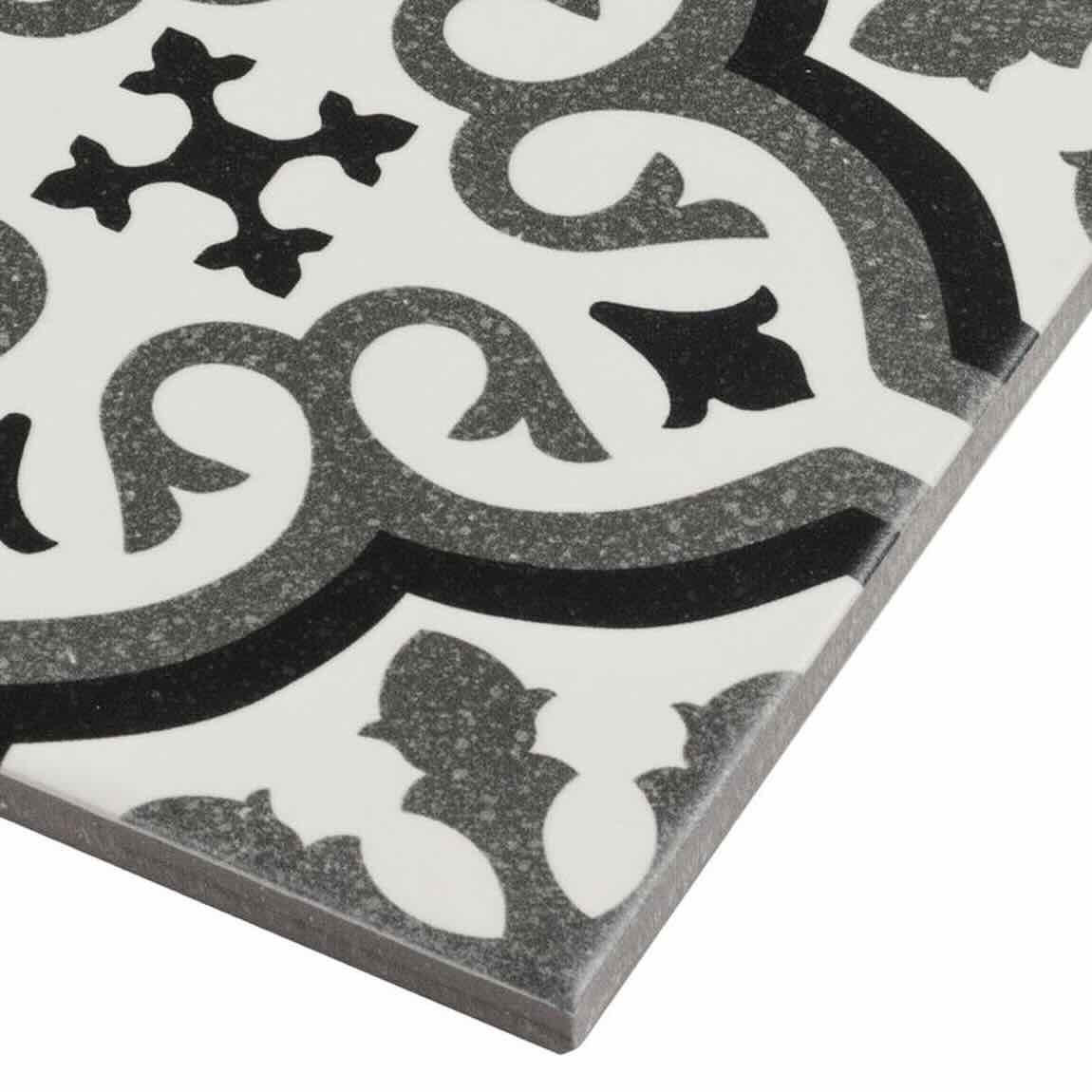 Decorative tile with black, white, and gray porcelain patterned on a white background