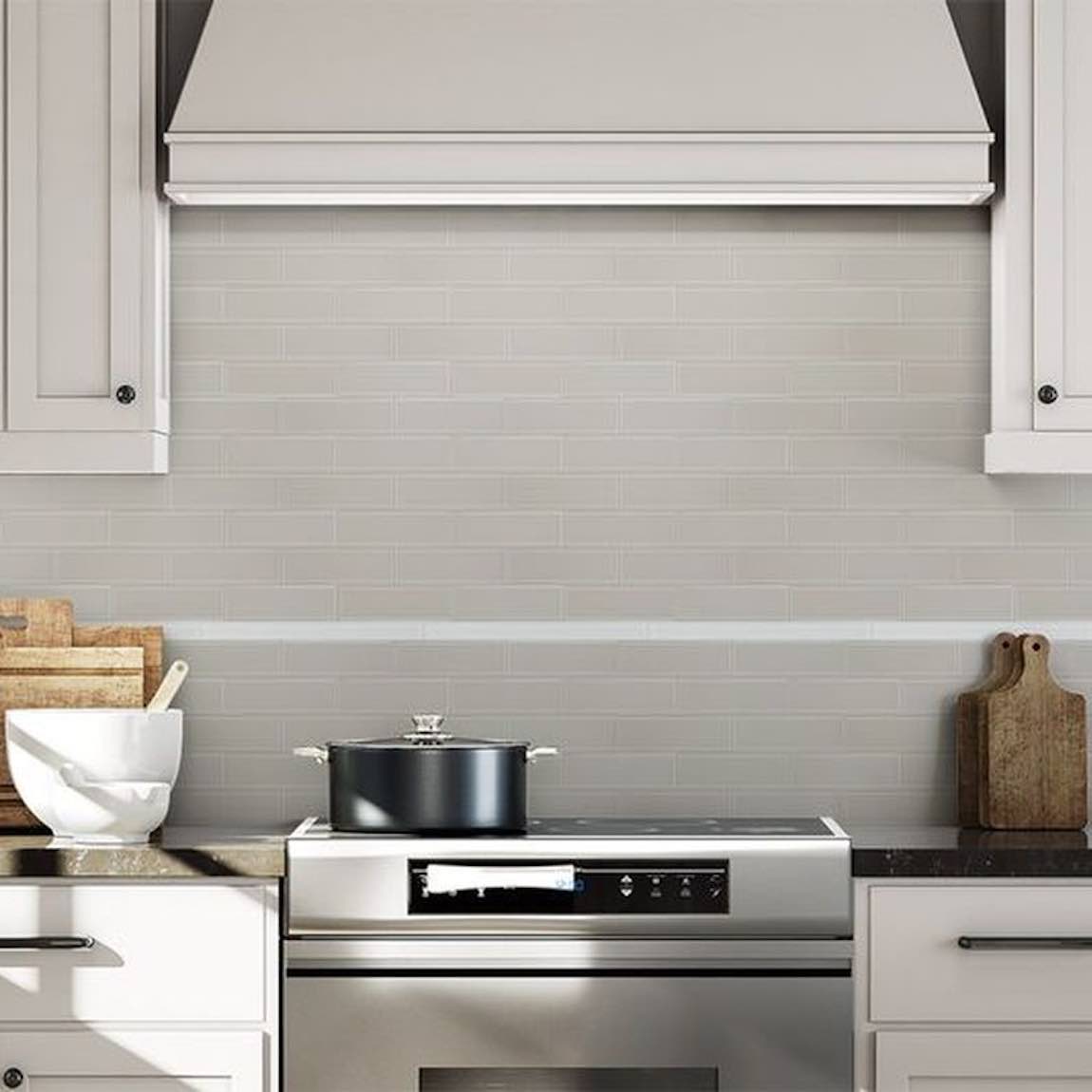 Glass Subway Tile Metropole Khaki 2x6 featured on a contemporary kitchen backsplash