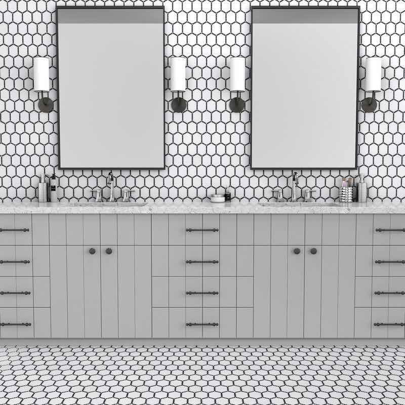Adorned Hexagon Stone Mosaic Tile Black featured on a bathroom floor and wall