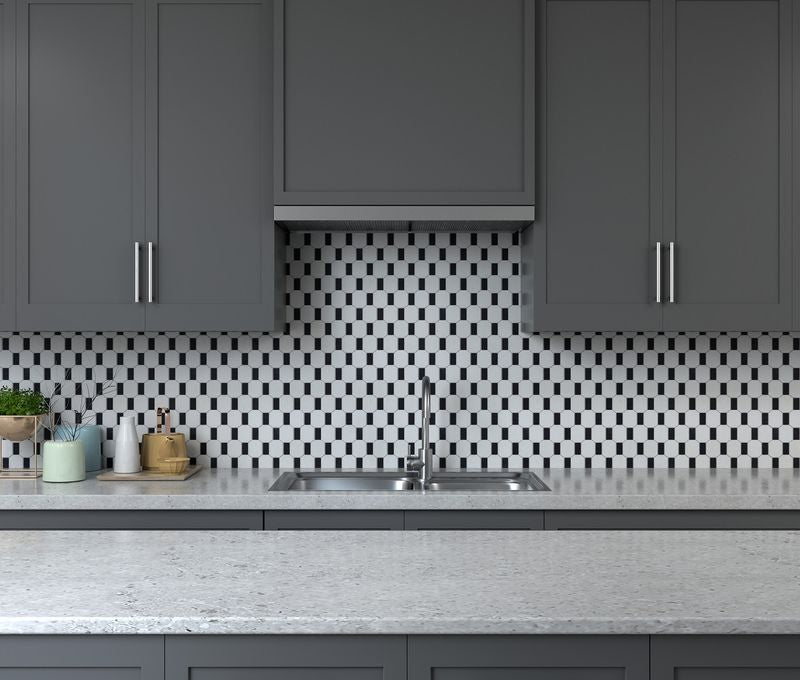 Extended Hexagon Stone Mosaic Tile Black featured on a farmhouse kitchen backsplash