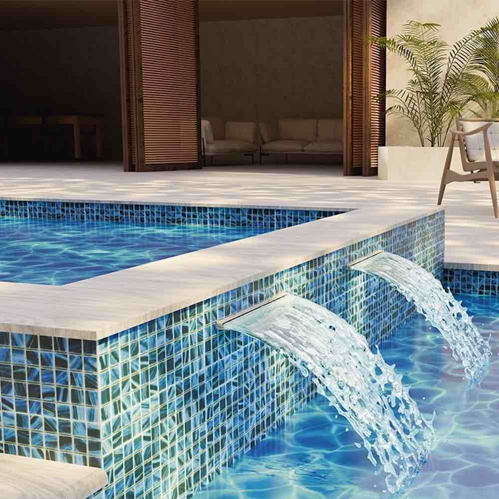 Preserve Recycled Glass Mosaic Tile Bora 1x1 featured on a spa