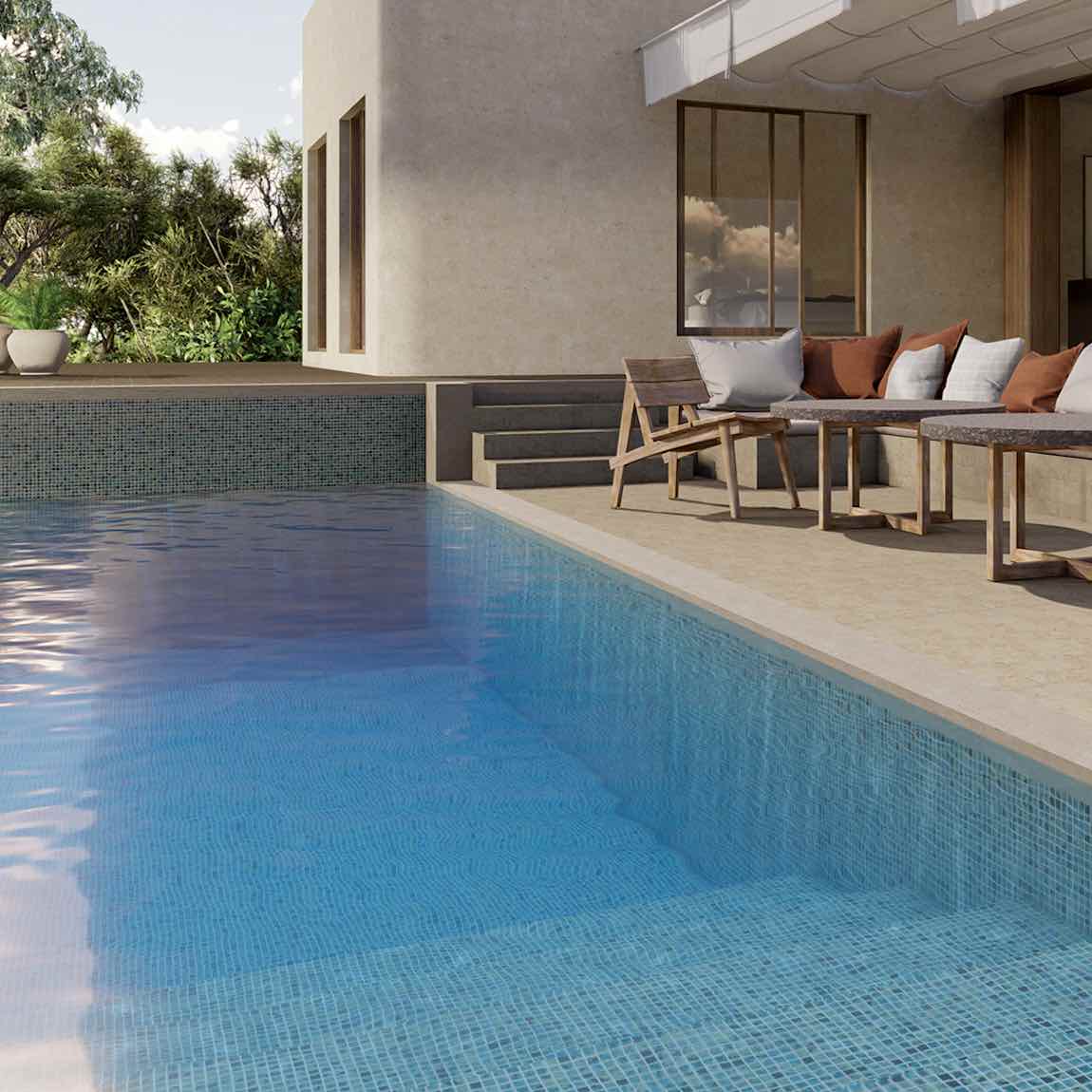 Modern outdoor setting with a pool and patio furniture.