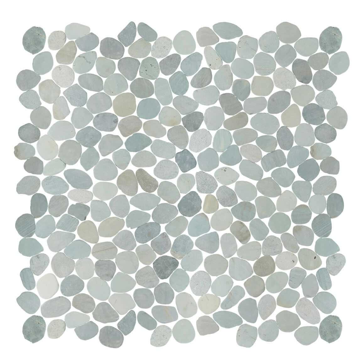 Mosaic pattern of small stone tiles in shades of gray and blue.