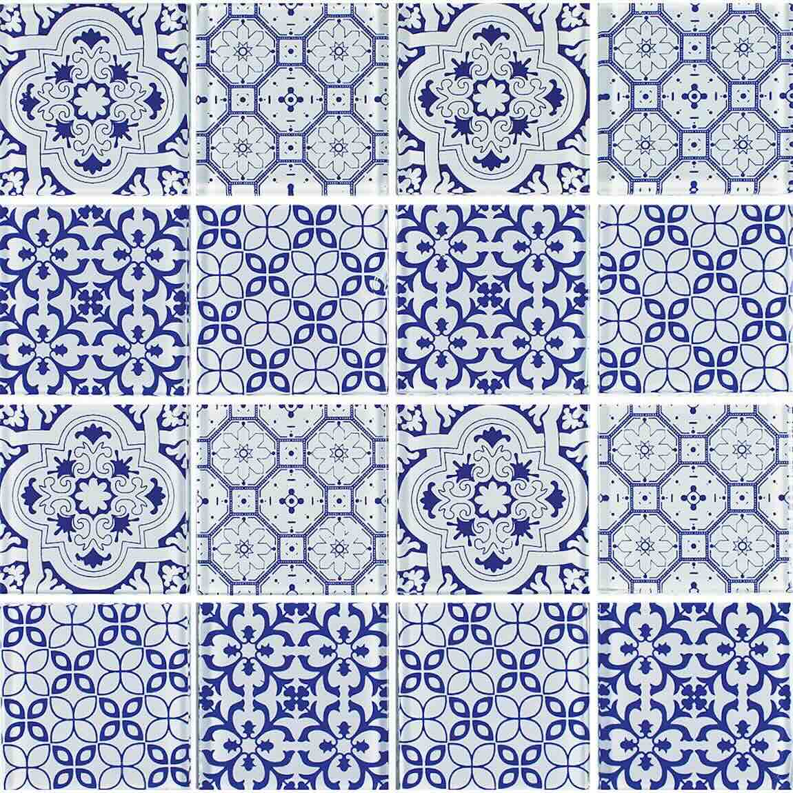 Patterned Glass Mosaic Tile 3''x3'' Blue for swimming pool, spas, kitchen backsplash, bathroom, and shower walls