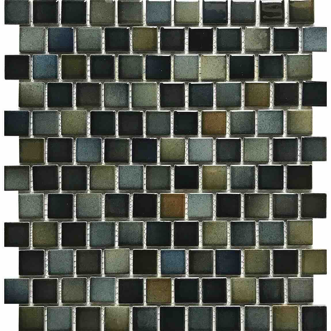 Di Mare Dark Porcelain Mosaic Tile 1''x1'' Staggered Pattern Glossy for pools, spas, bathrooms, showers, and backsplashes