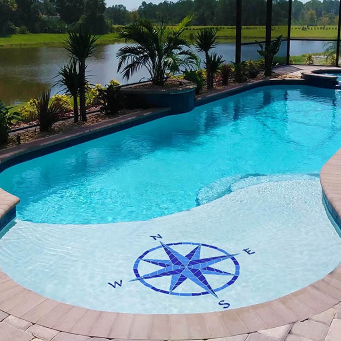 Porcelain Eight Point Compass Blue Mosaic installed on a swimming pool stair.