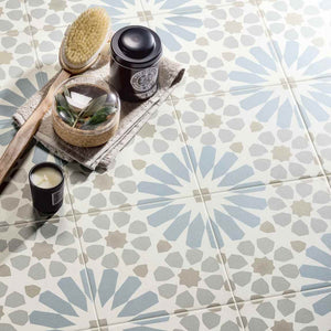 Ethnic Rectified Porcelain Tile 8x8 Light Blue B Matte featured on a shower floor