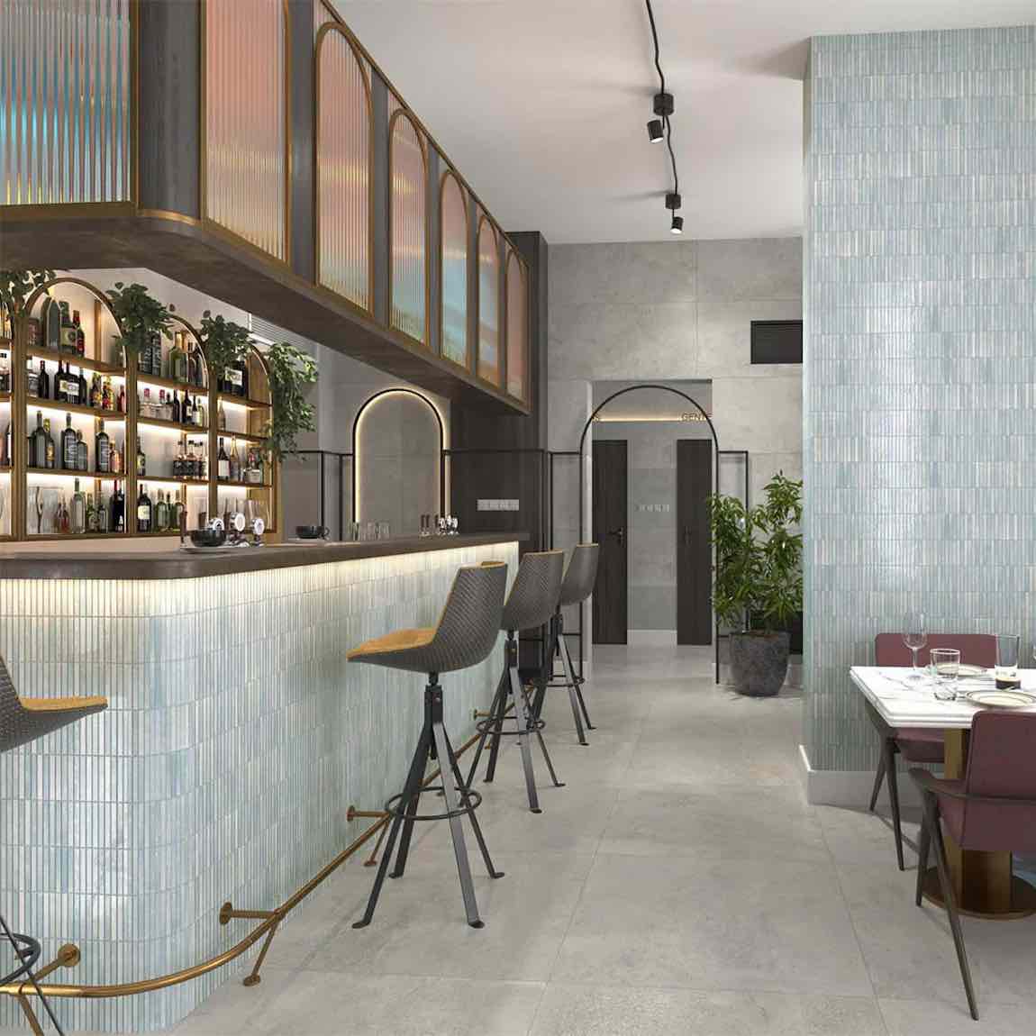 Sparkles Fluted Porcelain Tile Aqua 4.5x9 featured vertically on a bar