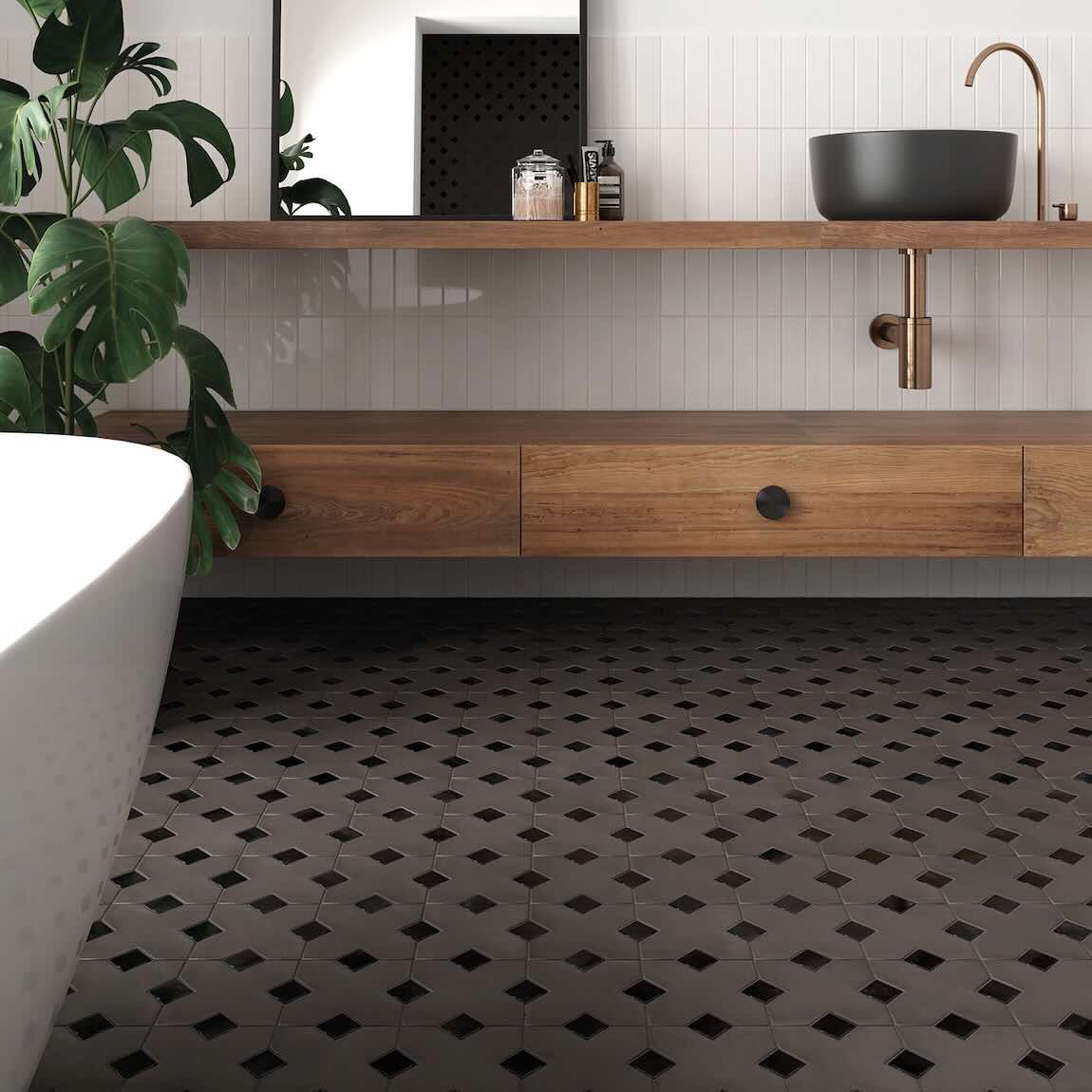 Modern bathroom with wooden vanity, freestanding bathtub, and patterned porcelain floor tiles
