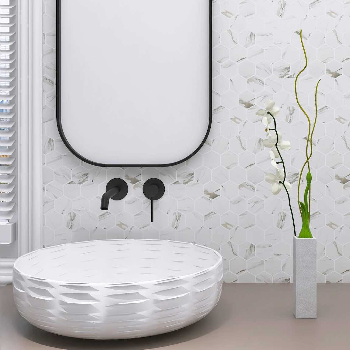 Recycled Glass Mosaic Tile Calacatta Hexagon 2-Inch Matte Finish featured on a bathroom backsplash
