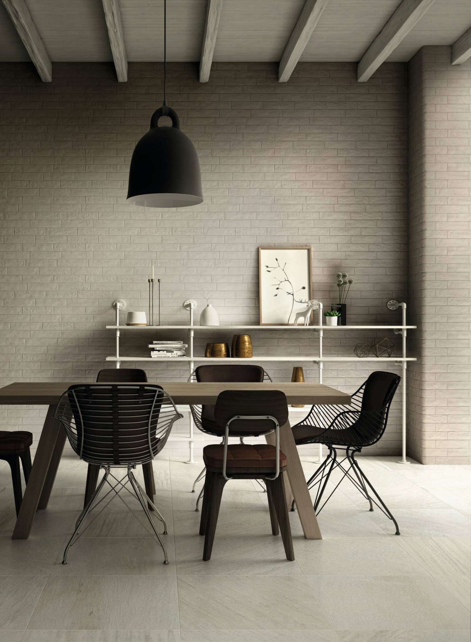 Brick-style porcelain tile in Perla color (3x11 inches) installed on a dinning room wall, creating a soft and elegant neutral-toned surface