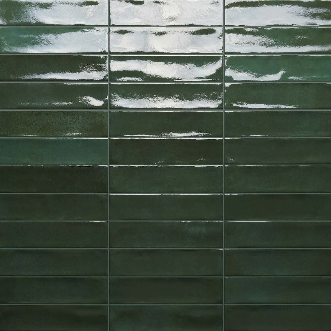 Charleston Green 2''x8'' Glossy Porcelain Zelige Tile for kitchen backsplashes, bathroom, shower walls, and swimming pools, and waterlines.