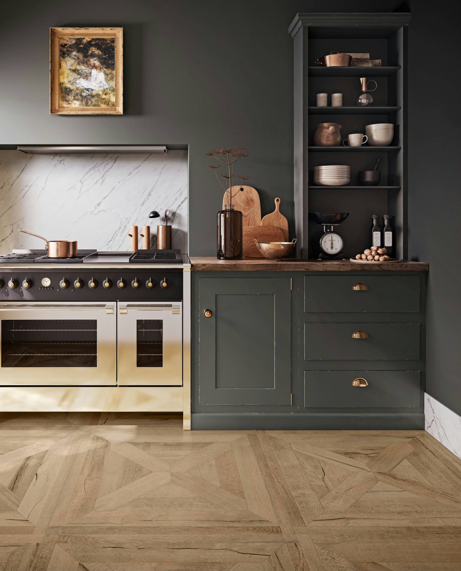 36x36 porcelain tile with realistic wood grain texture, installed on a kitchen floor for a warm and natural hardwood appearance