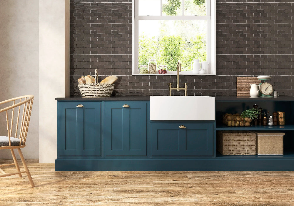 2.5x5 coastal bronze ceramic subway tile installed on a kitchen wall, offering a warm, earthy tone with subtle metallic sheen that enhances the kitchen’s coastal and contemporary vibe