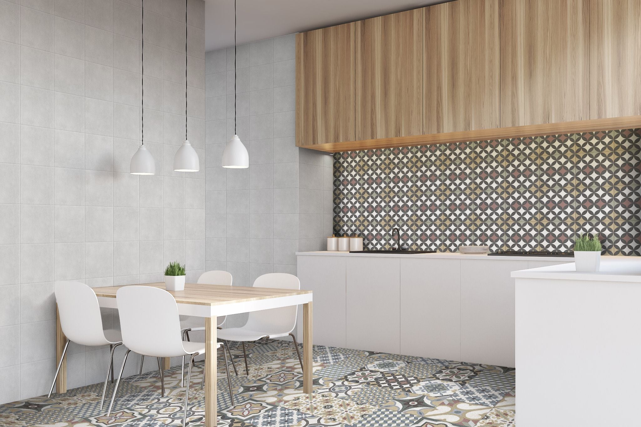 Colorful 8x8 porcelain tile featuring a bold geometric pattern, ideal for stylish and modern kitchen floors