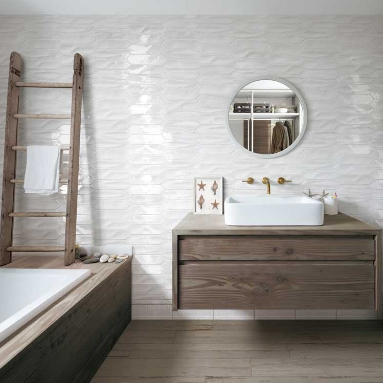 Contemporary bathroom with picket crayon style white wall tile and wood vanity