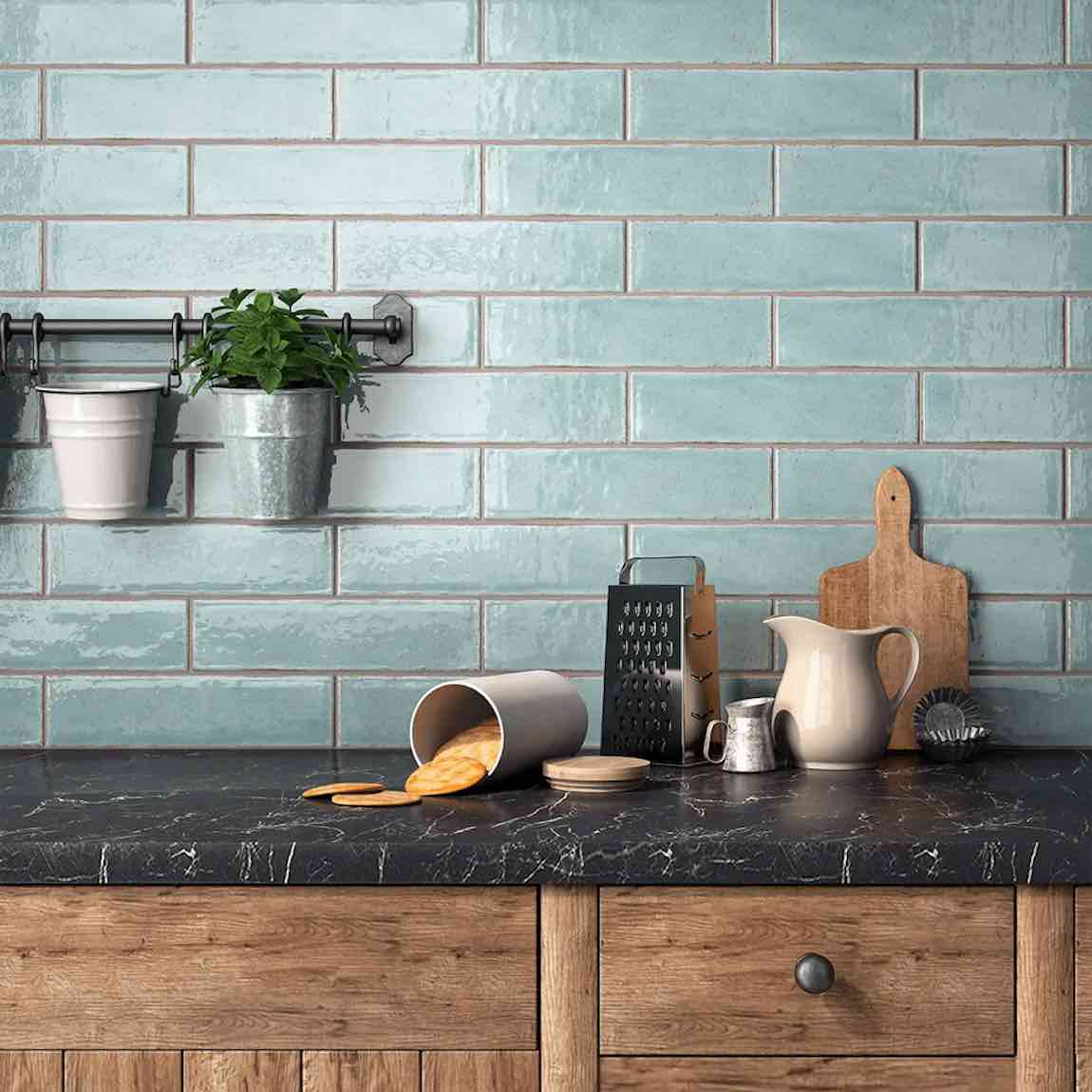 Subway Tile Crackled Aqua 3x12 Glossy featured on a kitchen backsplash