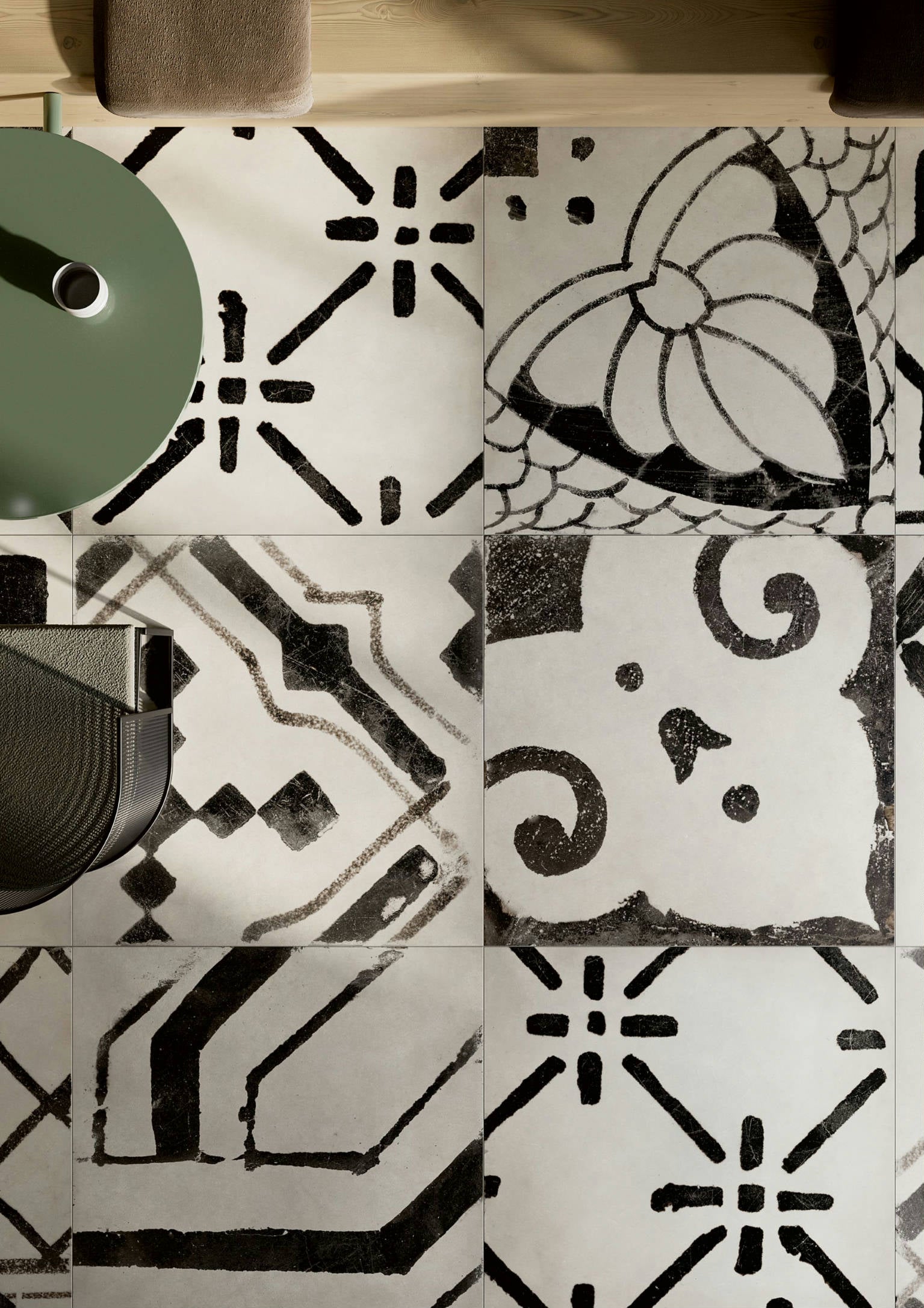 Decorative porcelain tile from the Italian Ceramist Deco Three series, installed on the floor to create an elegant and artistic patterned surface