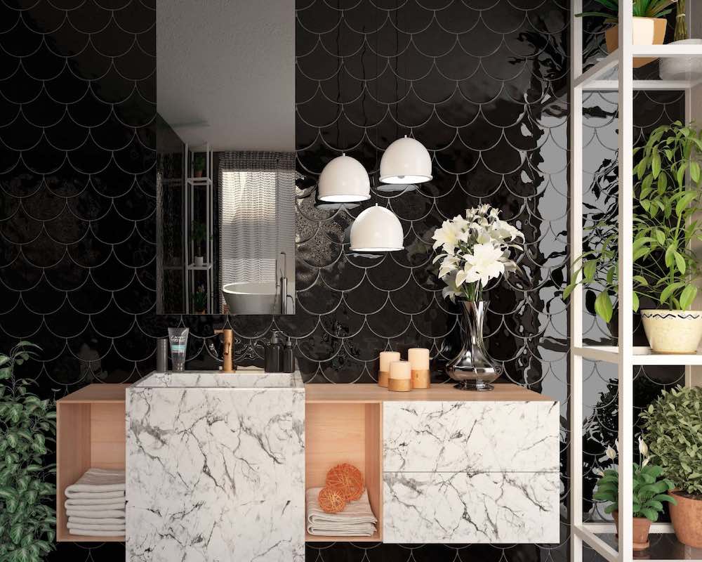 Glossy Black Fish Scale Tile