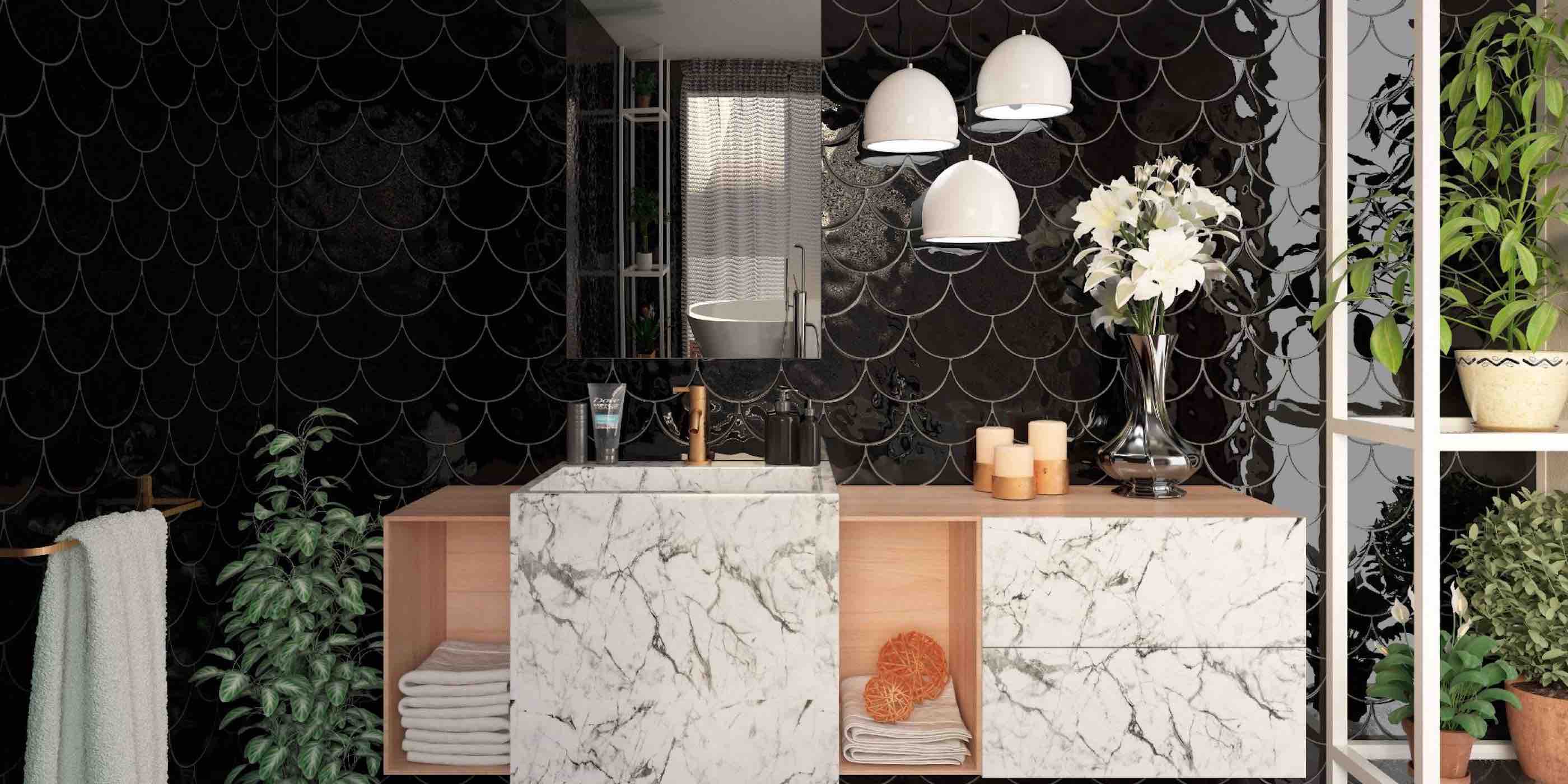 Glossy Black Fish Scale Tiles