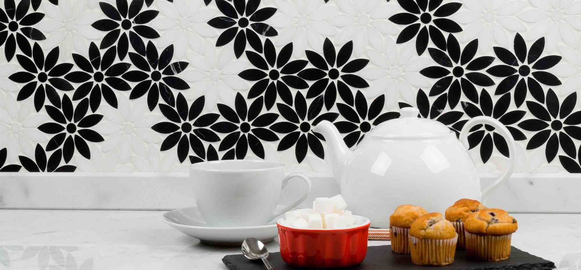 Black & White Flower Stone Mosaic Tile