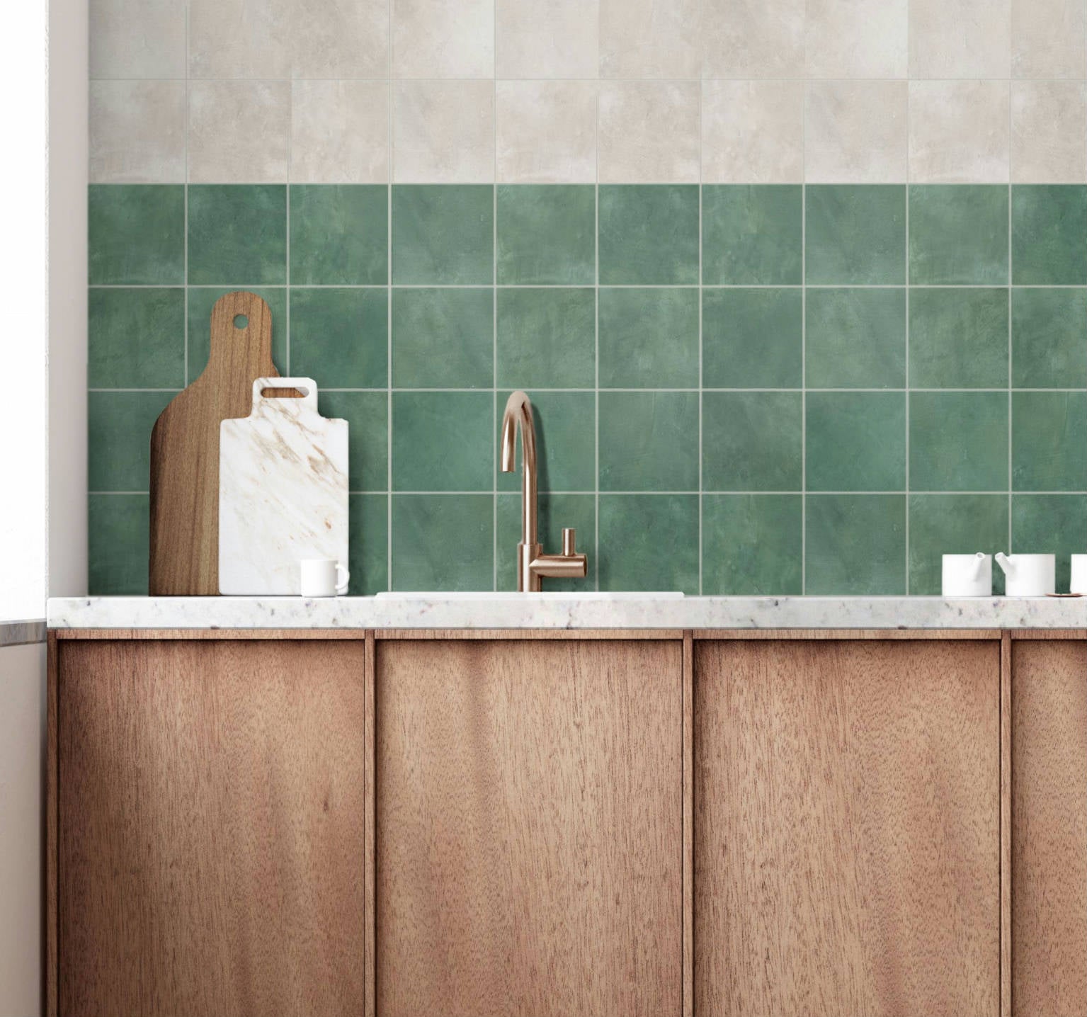Floral porcelain tile in Solid Gardena, with a 6x6 size, installed on a kitchen wall to bring a touch of nature and elegance with its intricate floral design and durable porcelain surface