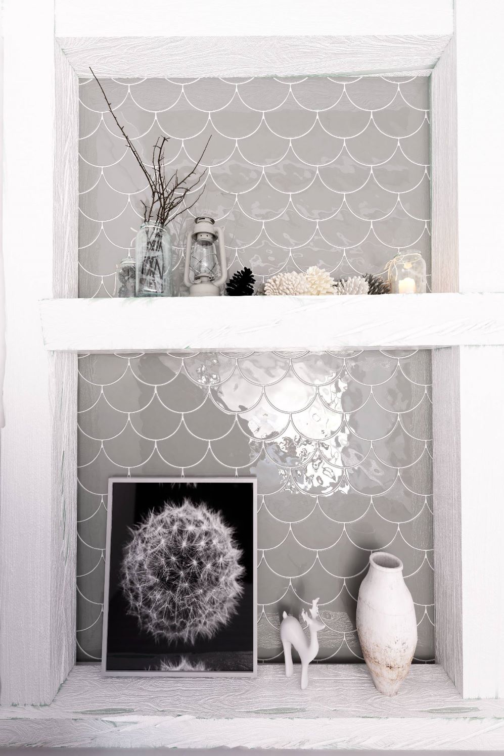 Glossy grey fish scale wall tile arranged on a feature wall, adding texture, elegance, and a contemporary design element to the space