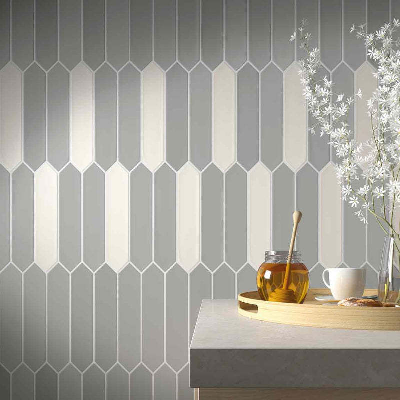 Picket Tile Arrow Gray Matte 2x10 features on a kitchen wall