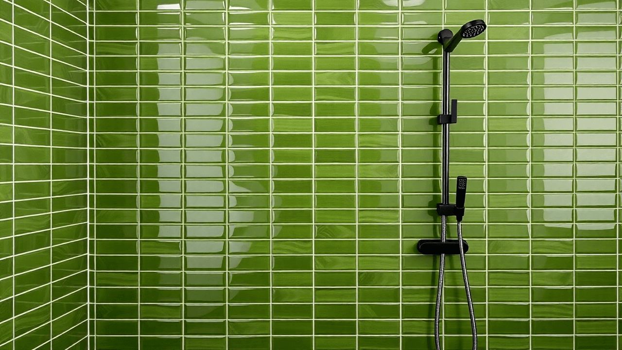 Green glass tile shower with black fixtures