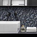 Glass Pool Tile Coral Reef Grey Penny featured on a bathroom wall