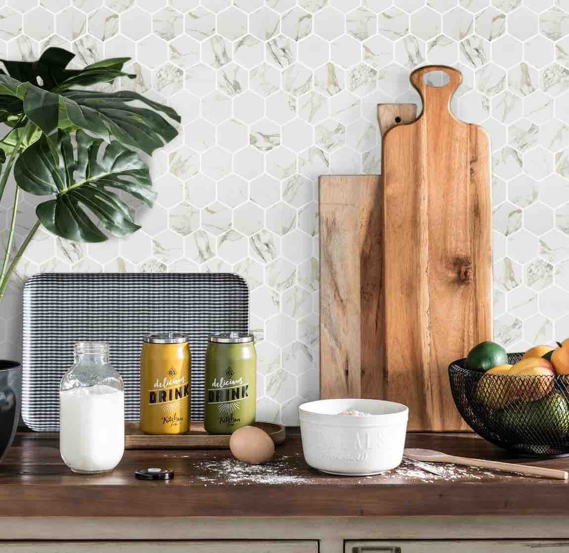 Recycled Glass Mosaic Tile Beige Hexagon 2-Inch Matte Finish featured on a kitchen backsplash