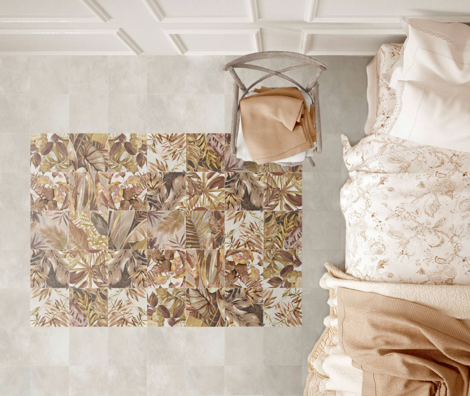 Floral porcelain tile featuring delicate jasmine petal patterns, installed on a bedroom floor to create a serene and romantic ambiance