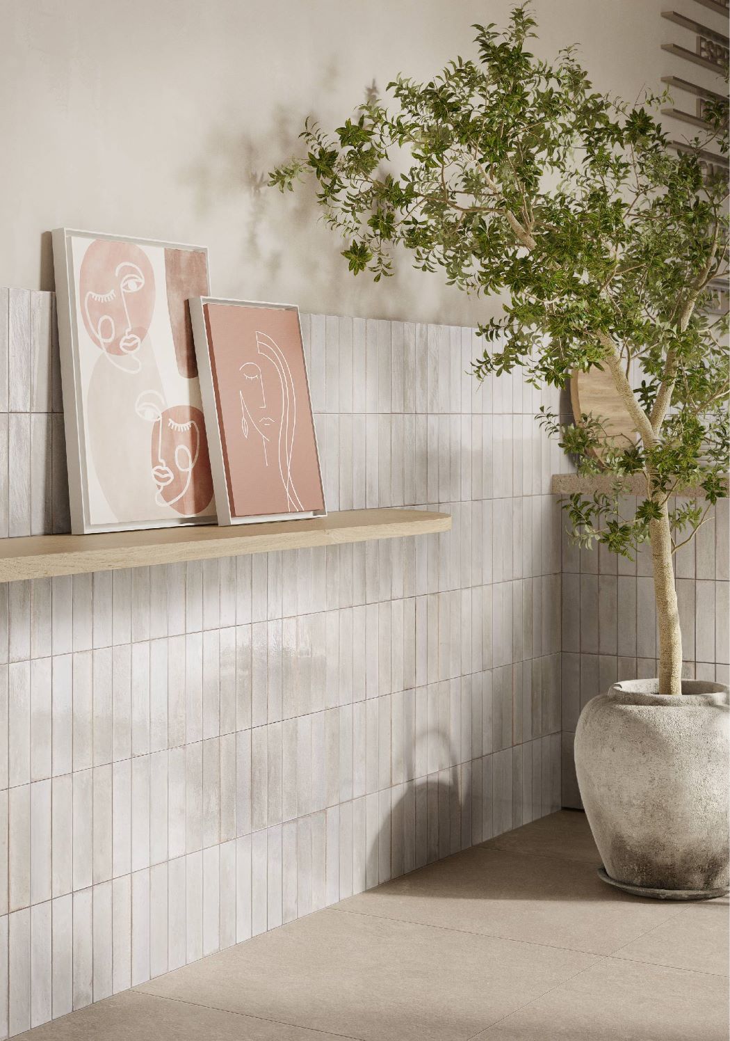 Magnolia Bianco distressed subway tile 2.5x9.5 installed on a feature wall, adding vintage charm with a textured white finish