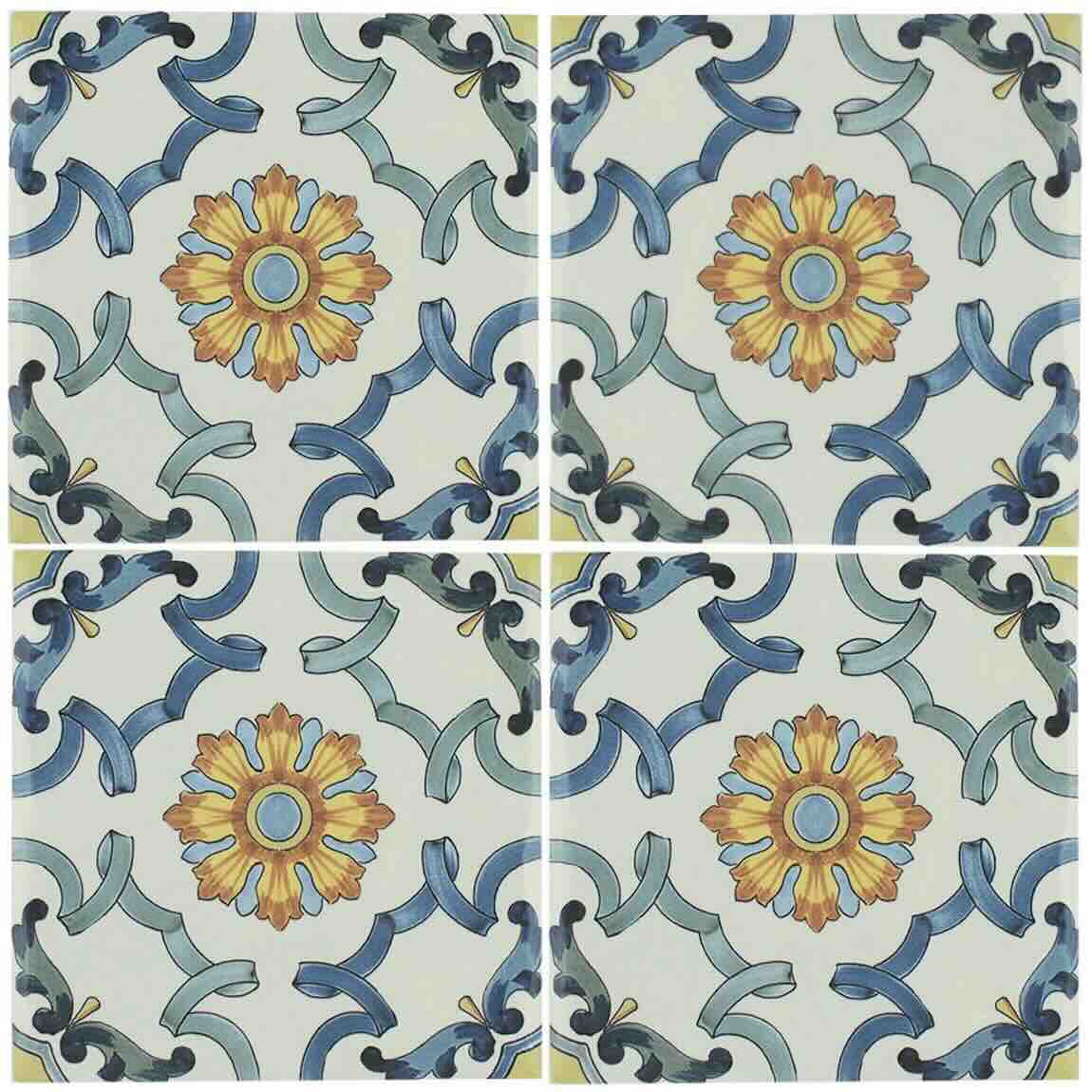Maiolica Terza Porcelain Tile 6''x6'' features vibrant colors and a classic floral pattern for backsplashes, bathrooms, showers, and swimming pools