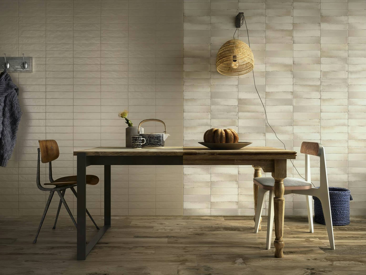 3x11 porcelain tile in a warm hazelnut brick style, used on a dining room wall to create a cozy and inviting atmosphere