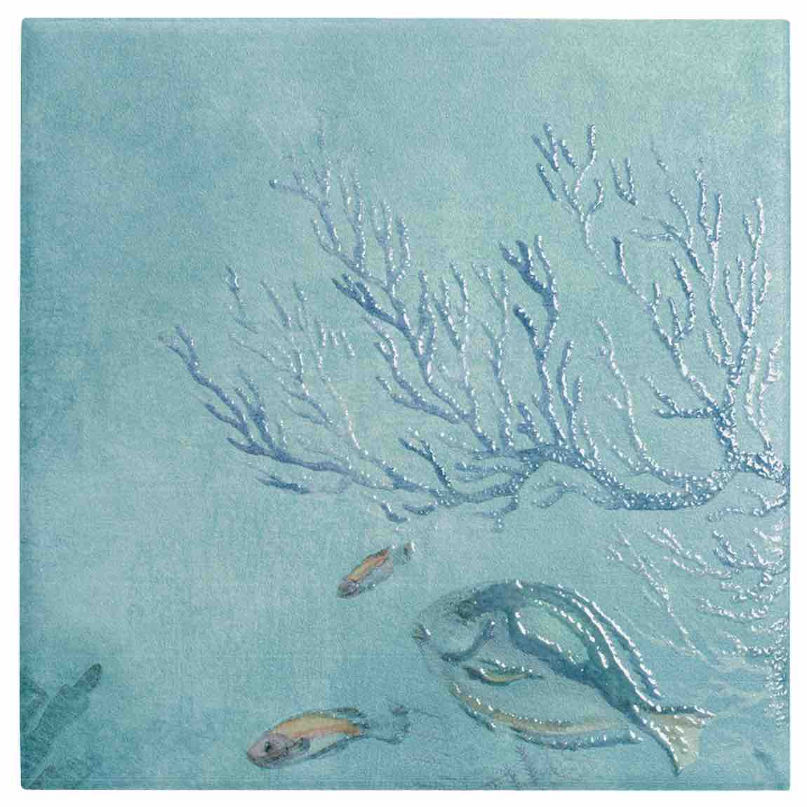 Decorative tile with fish and coral design on a blue background